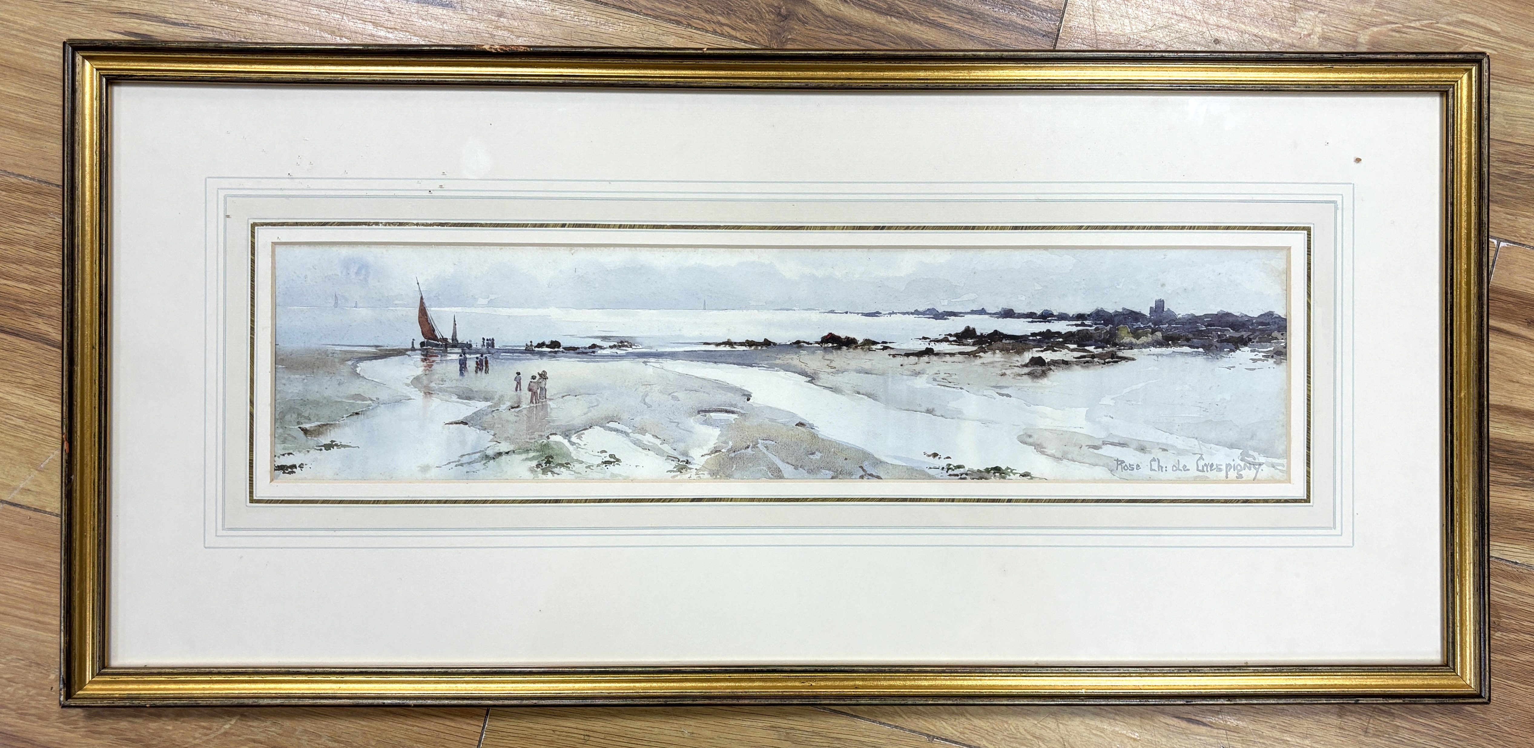 Rose Champion de Crespigny (1859-1935), watercolour, 'A Stretch of Wet Sand', signed, 11.5 x 50cm